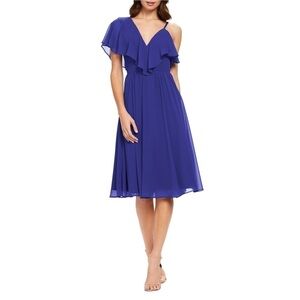 DRESS the Population Sapphire Claudia Ruffle  Fit and Flat Midi Dress size XS